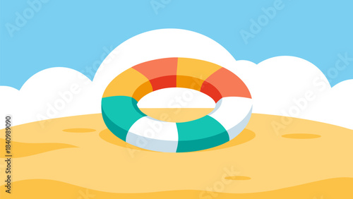 colorful lifebuoy on sandy beach with blue sky