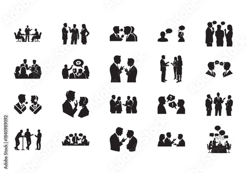 Business Communication Silhouette Icons – Discussion, Argument, Negotiation & Group Conversation Vector Set