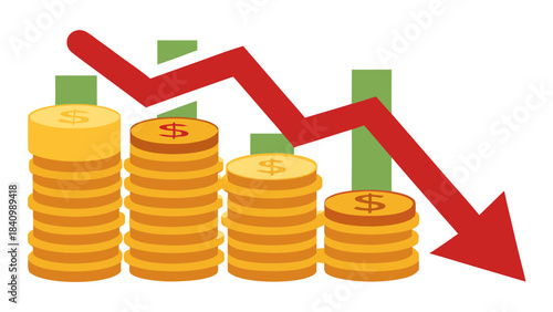 declining financial graph with decreasing coins and red arrow