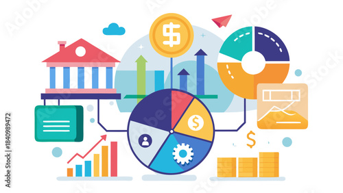 business finance infographic with pie charts and icons