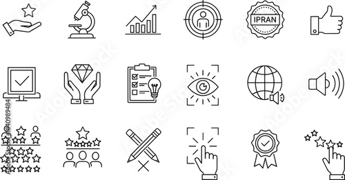 Quality Control, Business Research, and Digital Marketing Line Icons Set, Customer Target, Excellence, Rating, Scientific Analysis, Global Promotion, and Approval Outline Symbols.