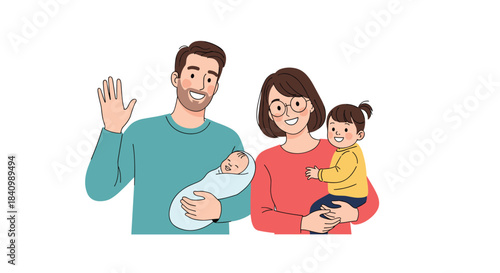 A happy young family of four, with the father waving while holding a newborn baby and the mother holding their toddler daughter.
