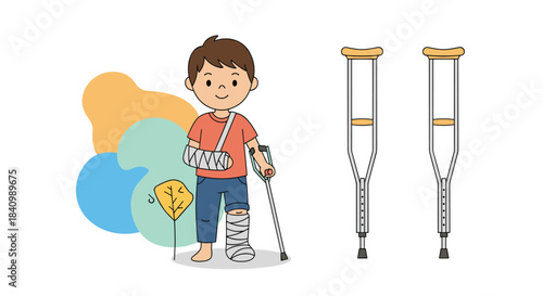 An illustration of a young boy with a broken arm in a sling and a broken leg in a cast, using a crutch to stand, with a separate image of crutches.