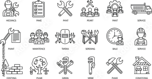 Construction, Repair, and Maintenance Worker Line Icons Set, Industrial Tools, Engineering, Mechanic, Service, Building, Planning, Teamwork, Safety, and Handyman Outline Symbols.