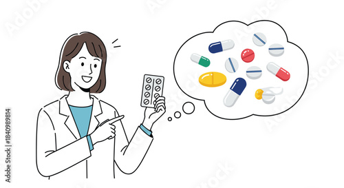 A female doctor or pharmacist in a white coat holds a blister pack of pills while explaining different types of medicine in a thought bubble.