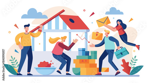 teamwork moving house, people carrying boxes and building home