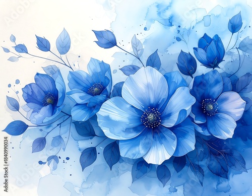 Delicate blue watercolor floral arrangement. Features blossoming blooms and leaves, set against a soft, abstract wash background