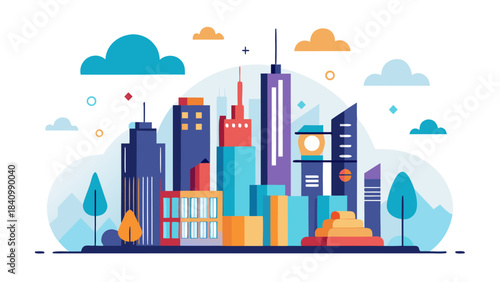 colorful cityscape with buildings and clouds, urban landscape