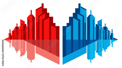 Red and blue cityscape graphic with skyscrapers and reflections