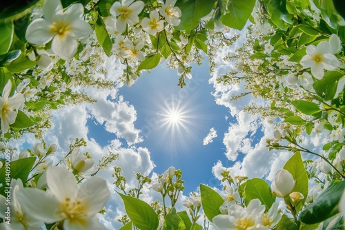 Bright white flowers and vibrant green leaves frame a sunny blue sky