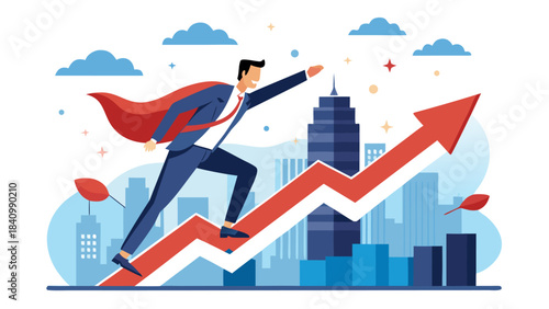 Businessman in suit and red cape running up growing graph with cityscape background