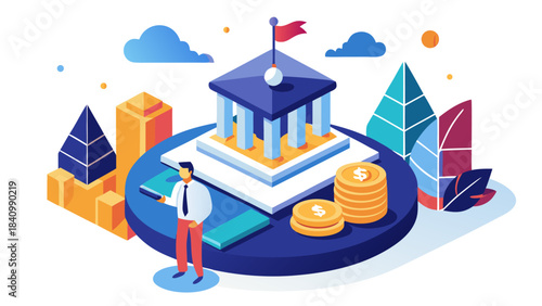 Businessman standing next to a bank building with coins and financial symbols