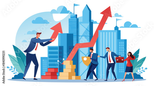 Business growth concept with people and rising arrows