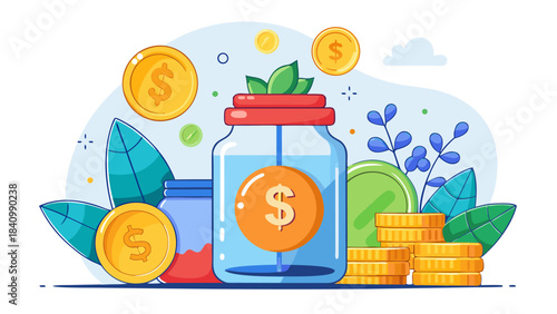 Saving money in a jar with coins and plants, financial growth concept