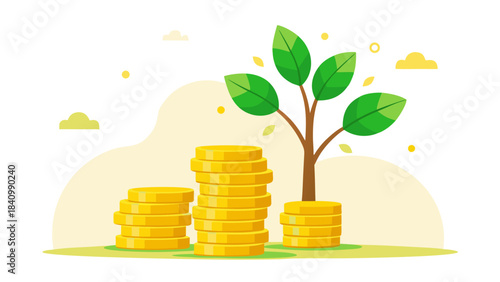 Golden coins with growing plant, symbolizing financial growth and prosperity