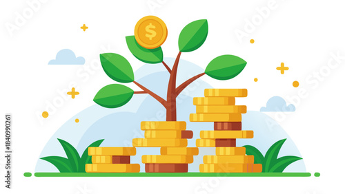 Cartoon money tree growing on coins, symbolizing financial growth