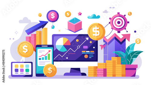 Financial growth concept with computer, mobile, and rising charts