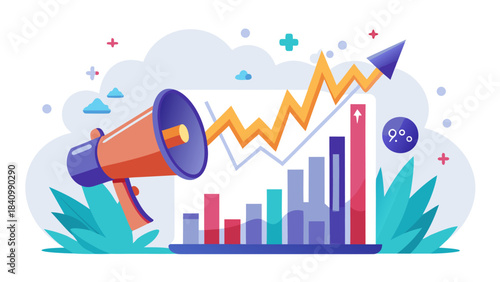 Vibrant business growth chart with megaphone and rising graph