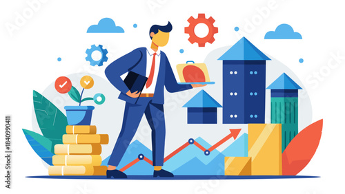 Businessman standing in front of growing graphs and buildings