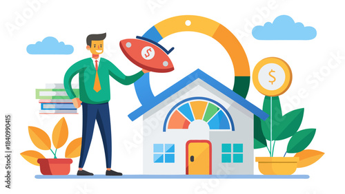 Businessman launching rocket near house with financial growth chart