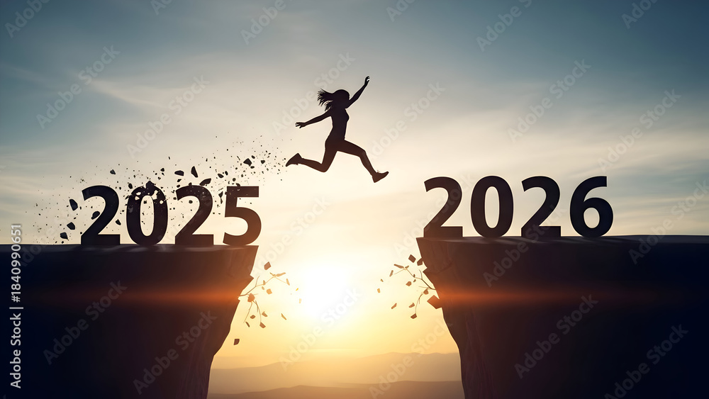 Obraz premium Powerful Silhouette of a Woman Running and Leaping Across the Chasm from Year 2025 to Year 2026 into Bright Sunlight