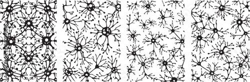 Black Neuron Network Patterns on White Background