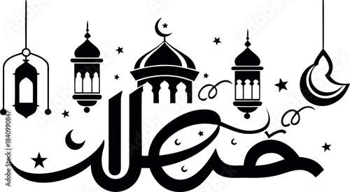 Elegant Islamic Festive Greeting Design with Stylized Mosque Silhouette, Traditional Lanterns, Crescent Moon, and Stars, Perfect for Ramadan and Eid Celebrations