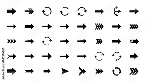 Diverse Collection of Black Arrow and Refresh Icons with Varied Styles and Directions.