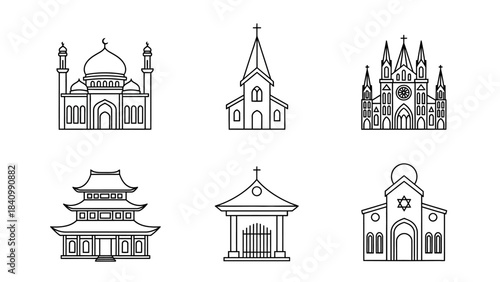 Diverse religious buildings line art icon set featuring mosque churches pagoda shrine and synagogue in a minimalist outline style.