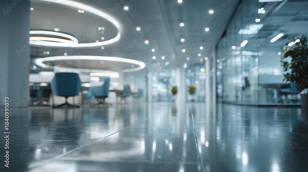 Fototapeta premium Bright modern office interior with futuristic ceiling lights and clean open space