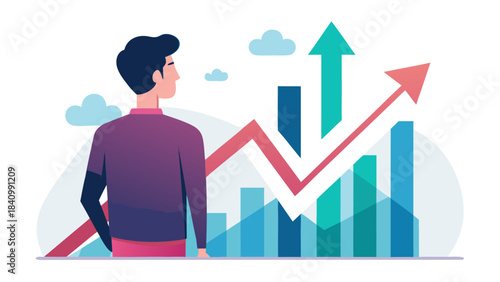 Retro t-shirt design with businessman analyzing upward growth chart and city skyline concept
