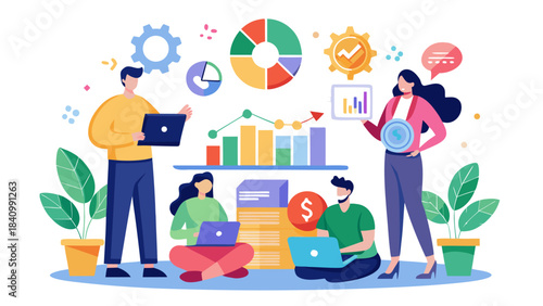 Diverse team collaborating on digital marketing strategy with colorful infographics and business growth icons