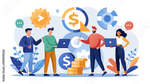 Diverse team collaborating on financial growth and investment strategy with digital technology and profit icons