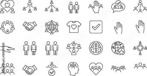 Social Network, Community, and Collaboration Vector Icon Set: Teamwork, Partnership, Handshake, Brainstorming, Corporate Unity, and People Connection Symbols, Line Art