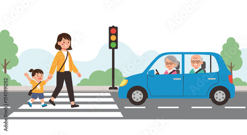 A mother holds her child's hand while safely crossing the street at a crosswalk as an elderly couple in a car waits for the green light.