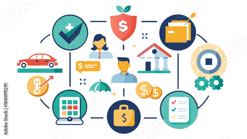 flat design financial planning and investment concept with icons for savings, real estate, and budgeting