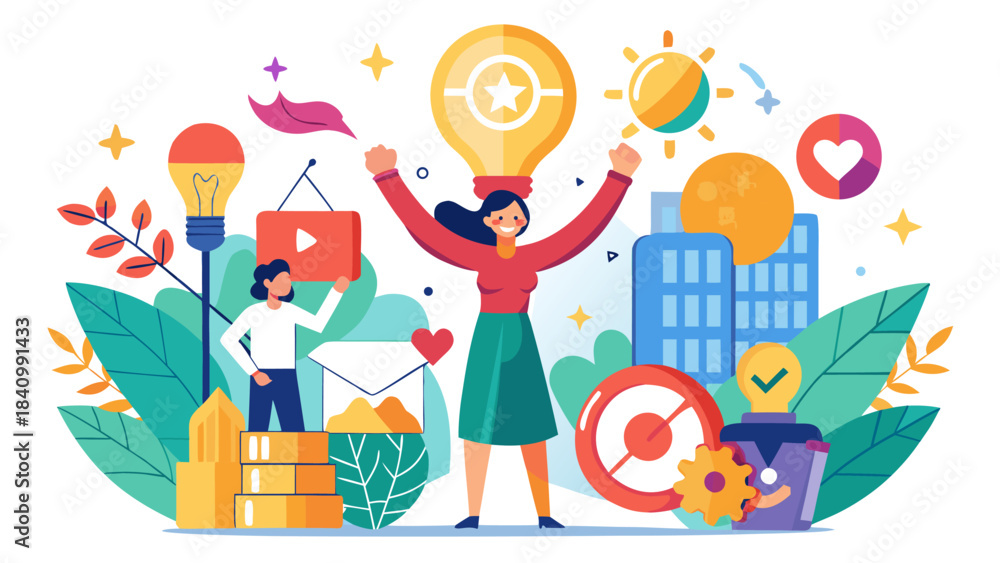 Fototapeta premium Creative businesswoman celebrating success with diverse team in vibrant cityscape illustration