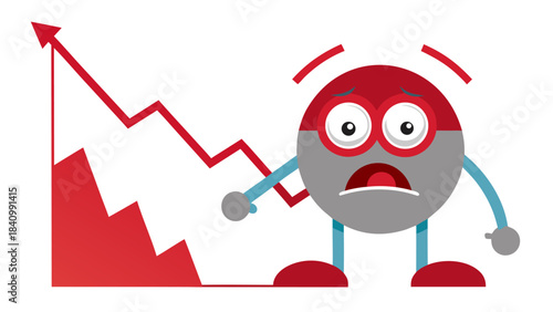 3d robot character stressed by falling stock market graph with red arrow decline and financial crisis concept