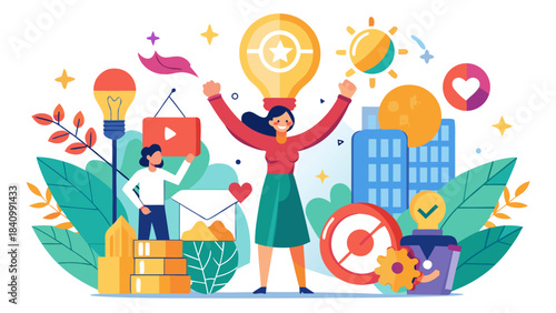 Creative businesswoman celebrating success with diverse team in vibrant cityscape illustration