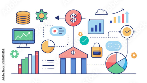 flat design business growth and financial success concept with analytics charts and money flow illustration