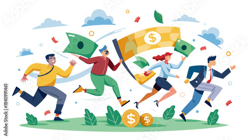 Team of professionals racing towards financial success with money and growth symbols in vibrant flat design