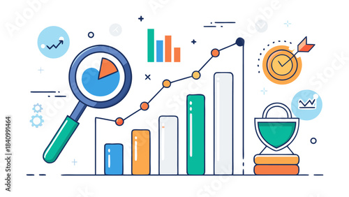 Magnifying glass analyzing financial growth charts with data analytics and business success icons