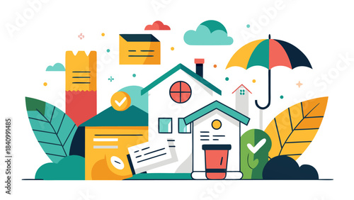 Flat design home insurance concept with house, documents, and weather protection icons on pastel background