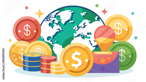 3D illustration of global finance and cryptocurrency investment with dollar and gold coins around world map