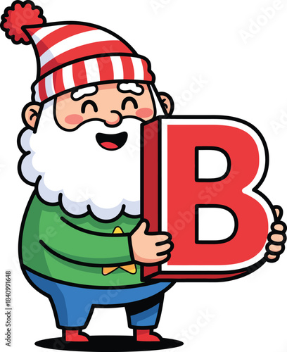 Happy cartoon gnome with a white beard and striped hat holding a large red letter B.