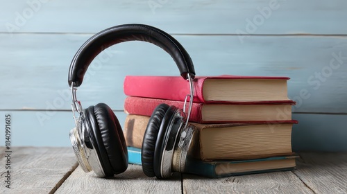 Antique Books And Headphones On Wooden Table With Blue Distressed Wall Background