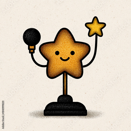 illustration stock illustration Cute Star Trophy Cartoon with Microphone and Small Star Illustration illustration concept detailed high quality composition suitable for commercial use artwork