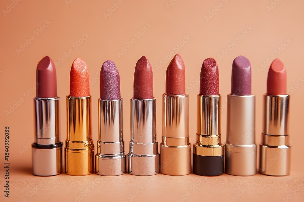 Obraz premium Assortment Of Lipstick Tubes In Various Colors Against A Pastel Peach Background