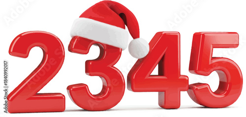 Shiny red 3D numbers 2345 with a festive Santa Claus hat on the number three.