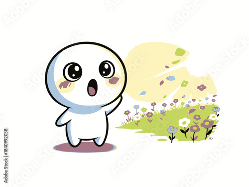 Cute cartoon character of a small animal with large sparkly eyes standing on a patch of colorful flowers in a garden scene